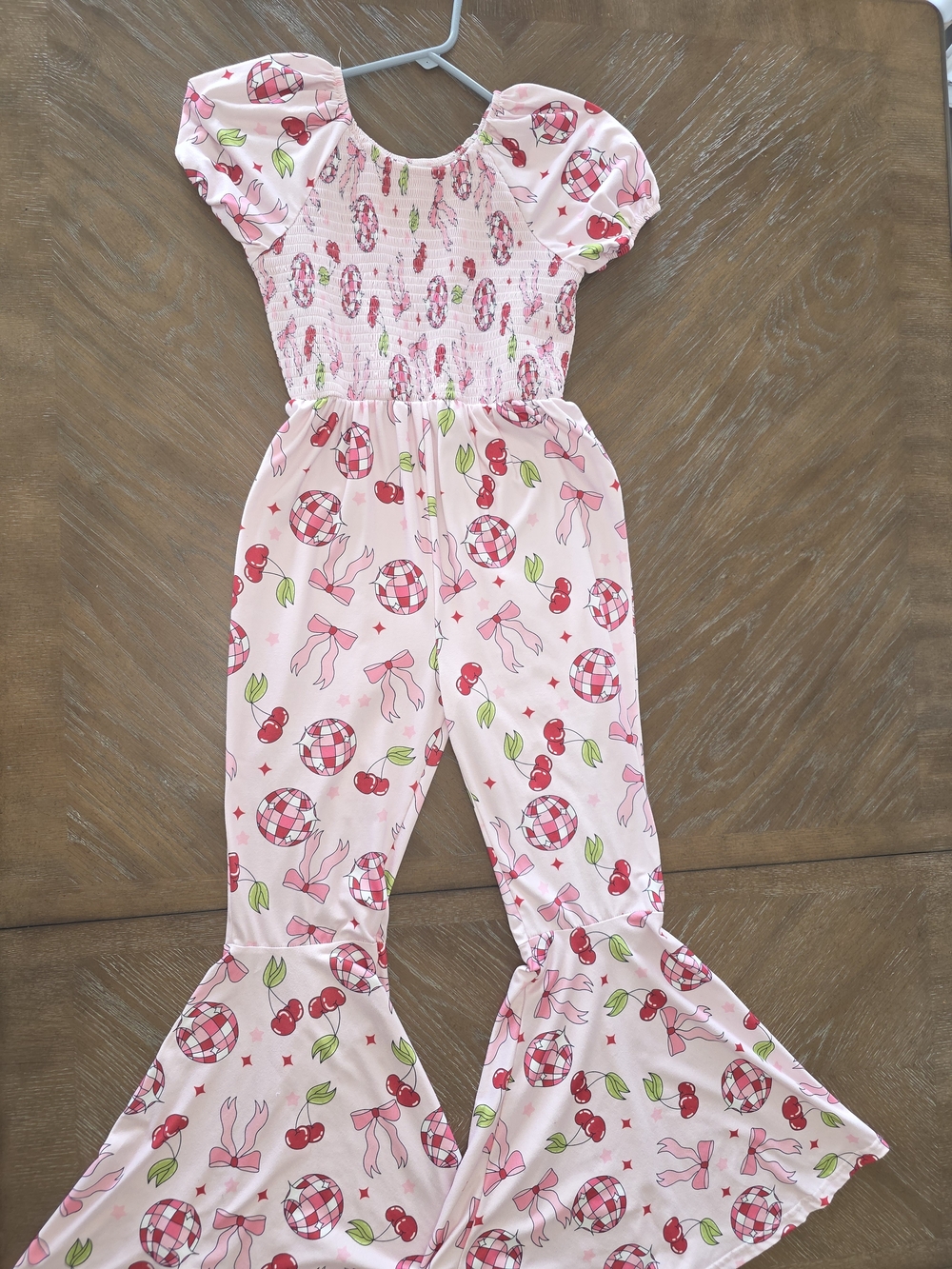 Girls Pink Cherry Print Smocked Romper with Flared Legs